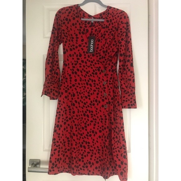 Petite Red Dalmatian Print Button Midi Dress - Picture 6 of 6
